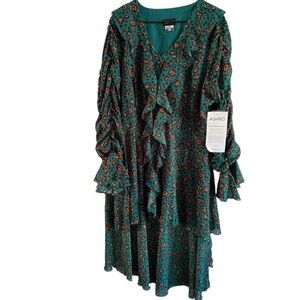 ASHRO Teal Floral Ruffle Midi Dress with Rust Accents